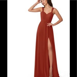 Burnt orange brides maid dress.